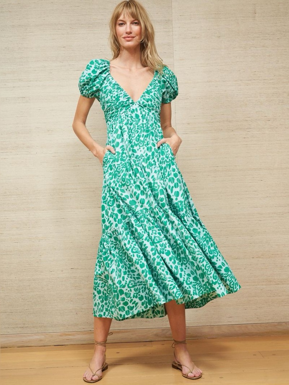 La Ligne V-Neck Puff Sleeve Midi Dress